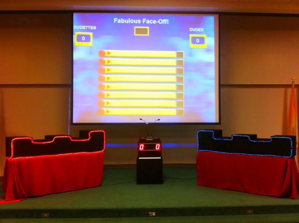Buzzing game setup for "Fabulous Face-Off!" features two team podiums, red and blue, with a score display showing 0-0, ready for competition.